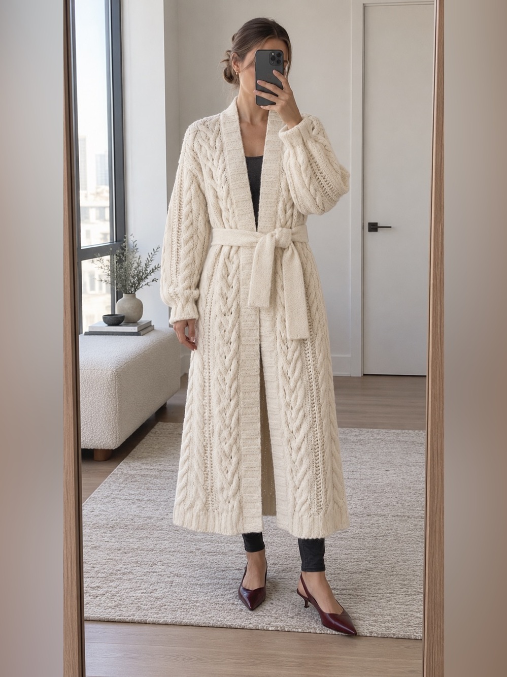 NAADAM Ivory Cashmere Merino Wool Cable Knit Long Belted Cardigan Size L